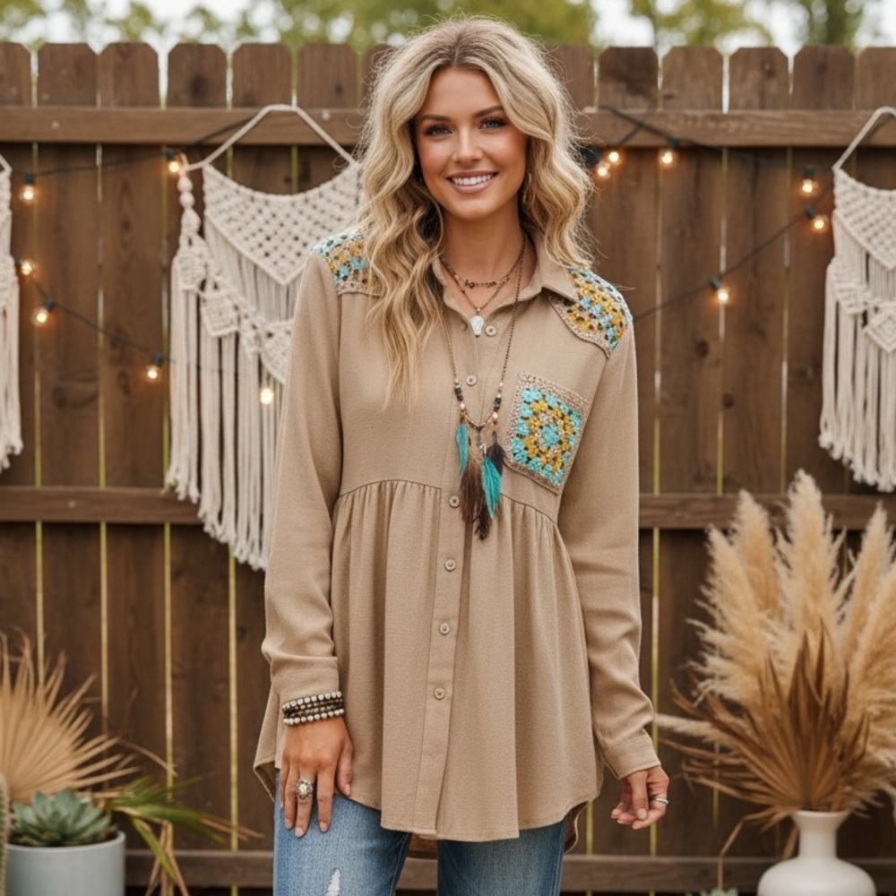 NWT UMGEE Boho Button Down High Low Granny Crochet Tile Blouse Top Shirt - Picture 4 of 7